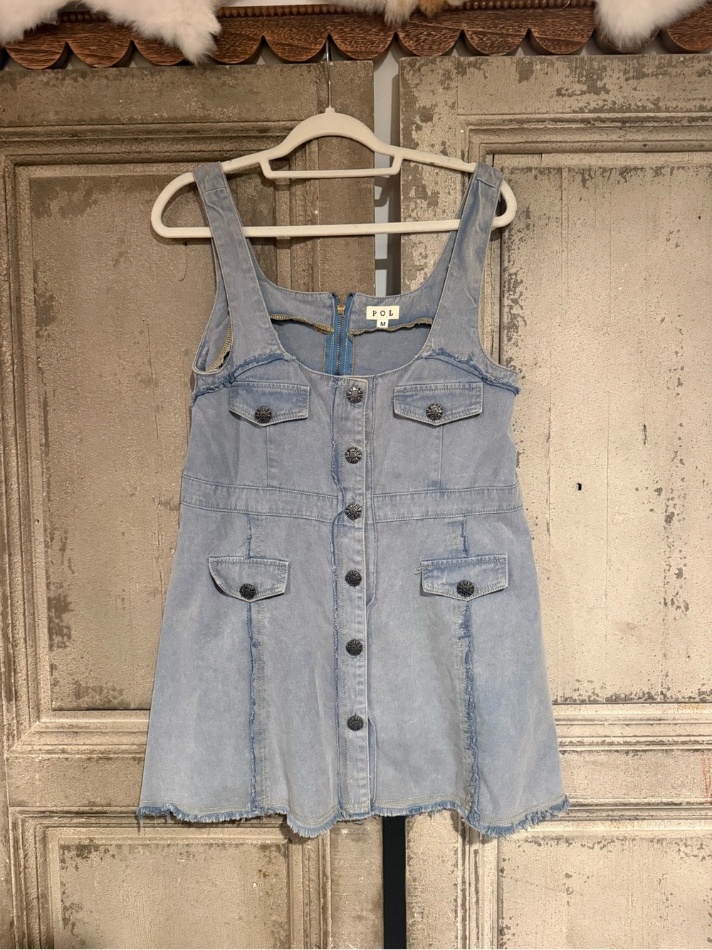 POL Light Blue Denim Button-Front Skirted Overalls